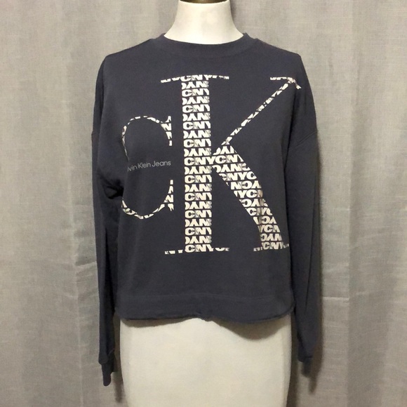 Like New Calvin Klein Sz XS Cropped Sweatshirt-Gray/Blue-Cotton Blend - Picture 2 of 13
